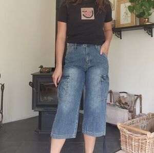 Casual Blue Denim Cargo Crop Shorts
